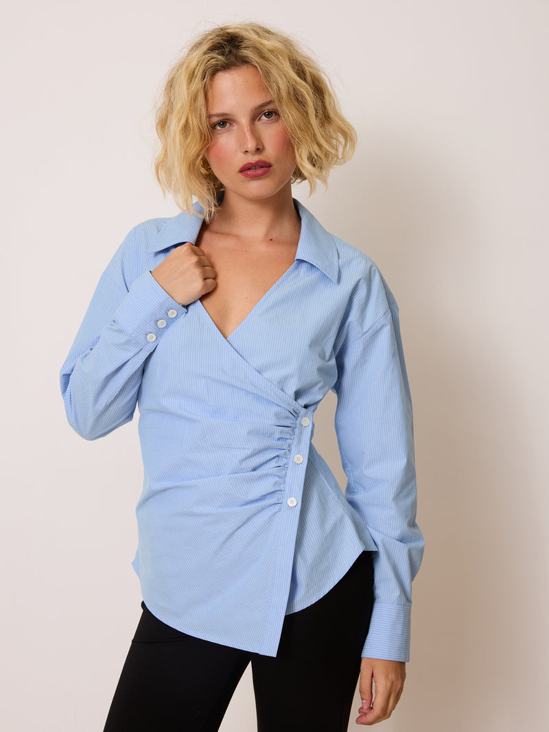 RAVEL sky blue striped shirt worn on a model by Rouje