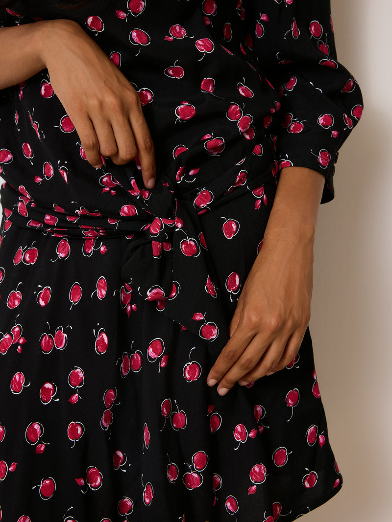 ROSIE black cherry print dress, detail of wide hip belt by Rouje