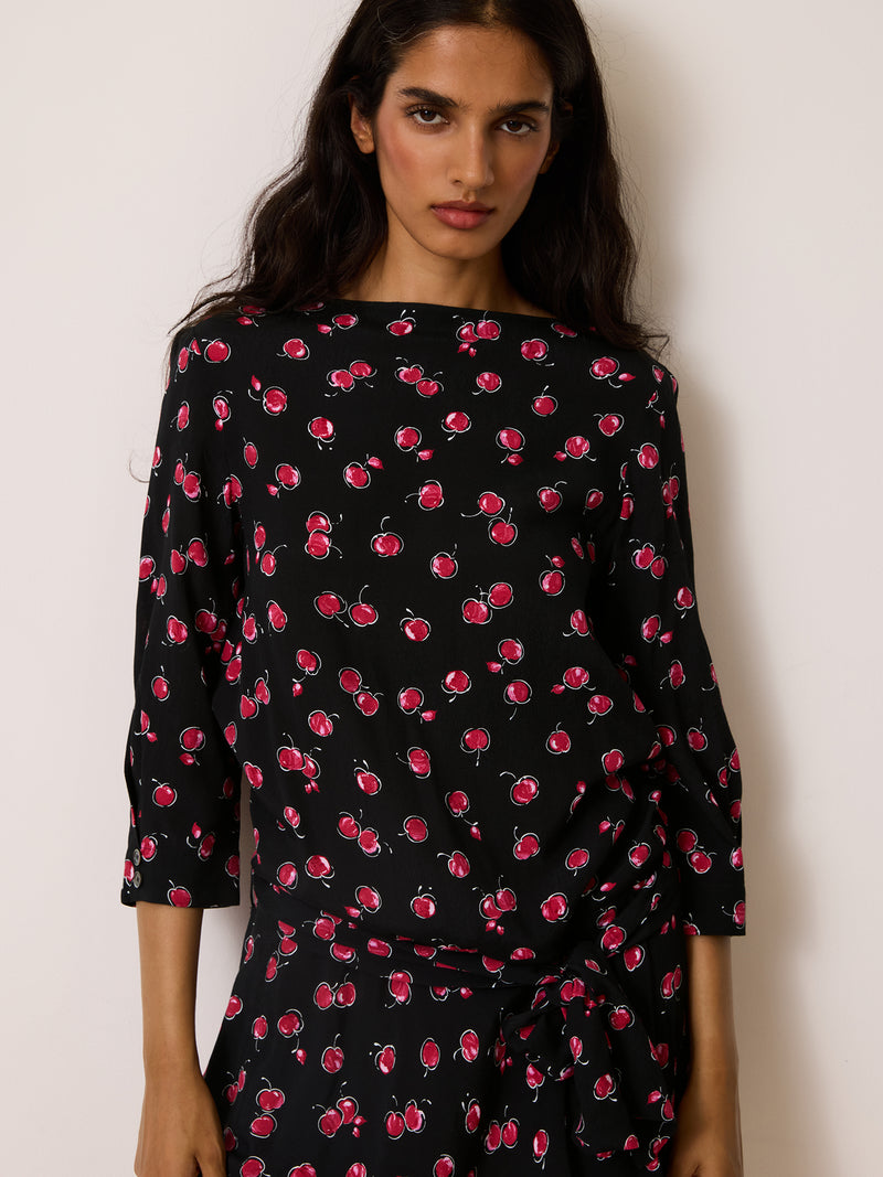 ROSIE black cherry print short dress, back view by Rouje