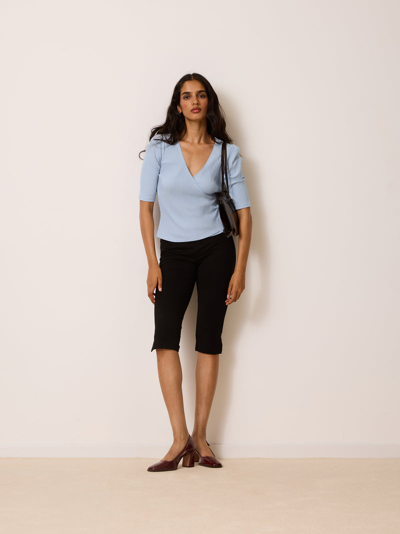 SIDONIE misty blue wrap-effect ribbed top, back view by Rouje