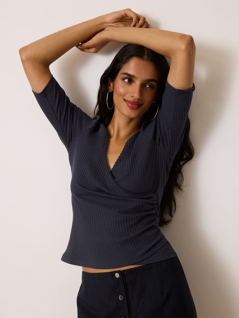 SIDONIE storm blue wrap-effect ribbed top, back view by Rouje