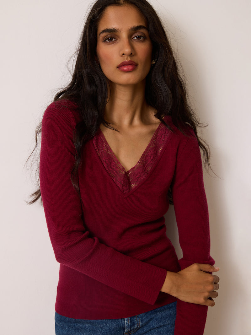 SOLANGE burgundy lace collar top worn on a model by Rouje