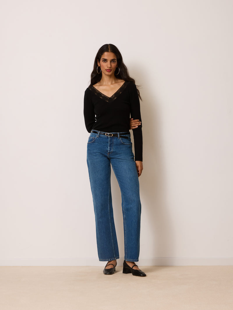 SOLANGE black wool-blend top, back view by Rouje