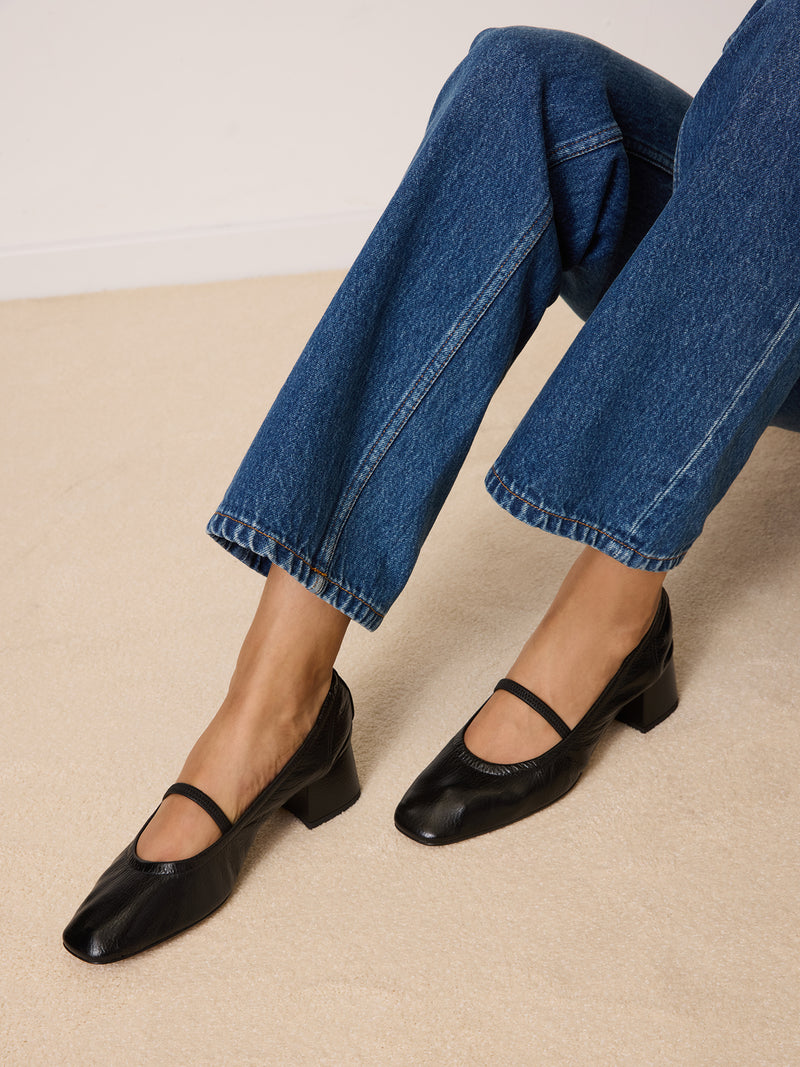 PRADO black grained leather ballet flats worn on a model by Rouje