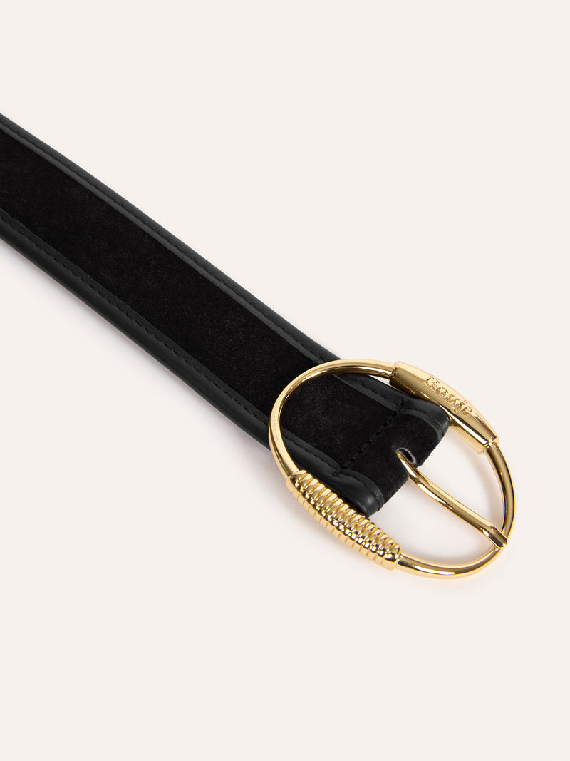 TAMISE black suede wide belt, flat packshot by Rouje