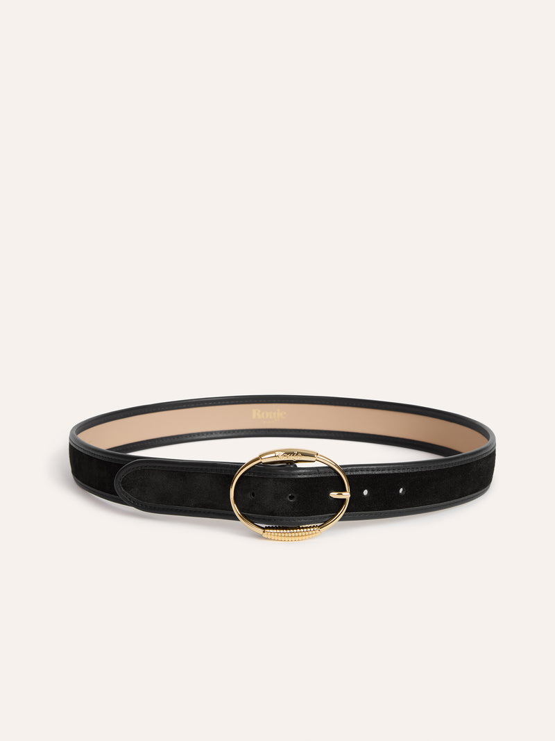 TAMISE black suede wide belt, worn on a model by Rouje