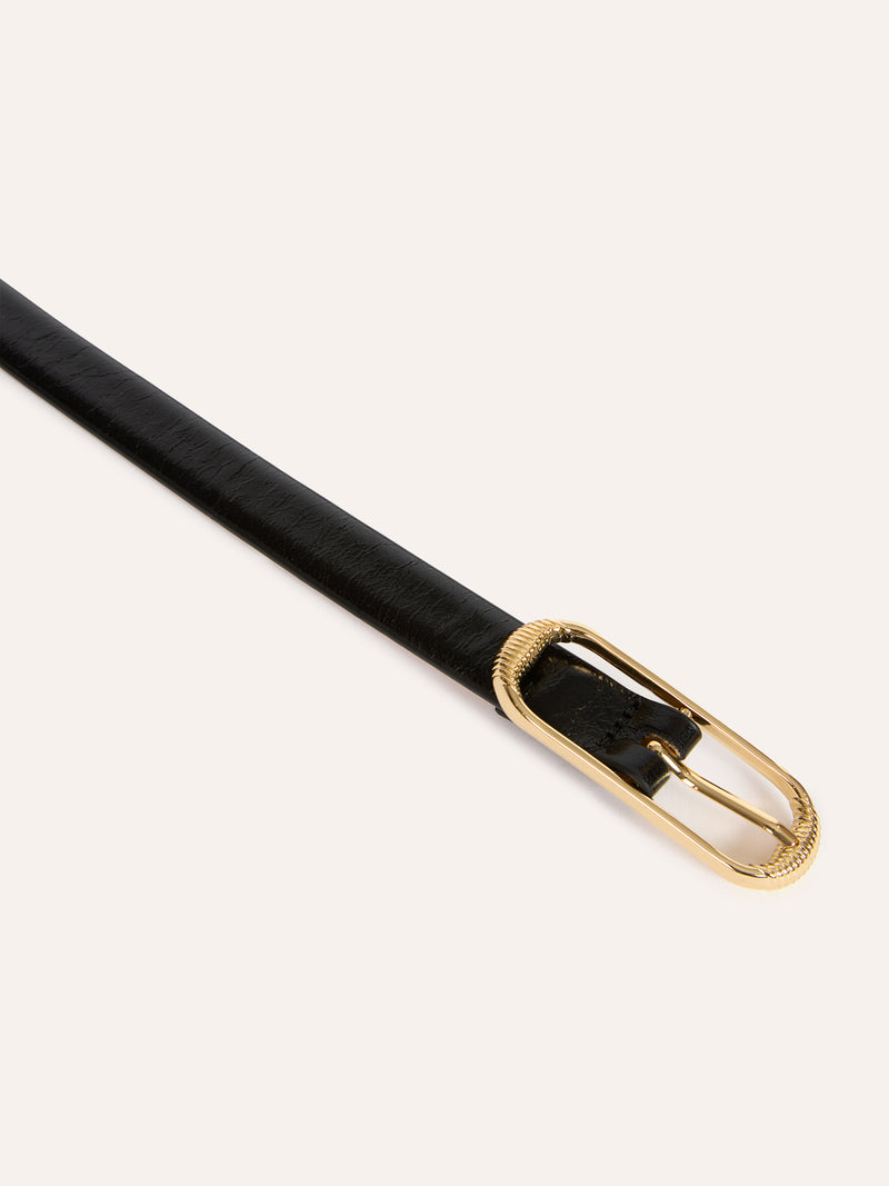 TENDRE black aged leather thin belt, flat packshot by Rouje