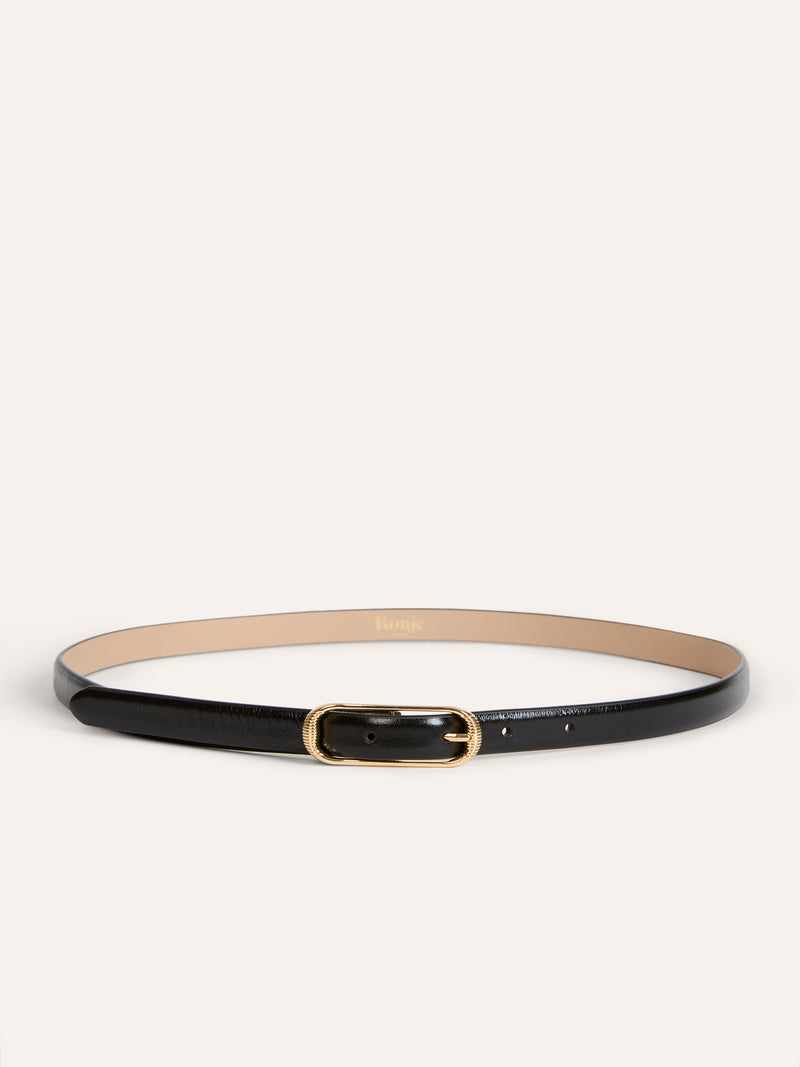 TENDRE black aged leather thin belt, detail of ridged buckle by Rouje