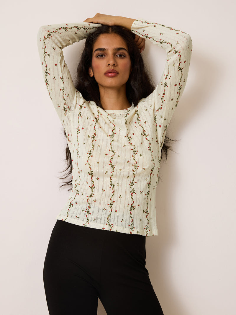TIMOTHEE ecru floral print pointelle T-shirt worn on a model by Rouje