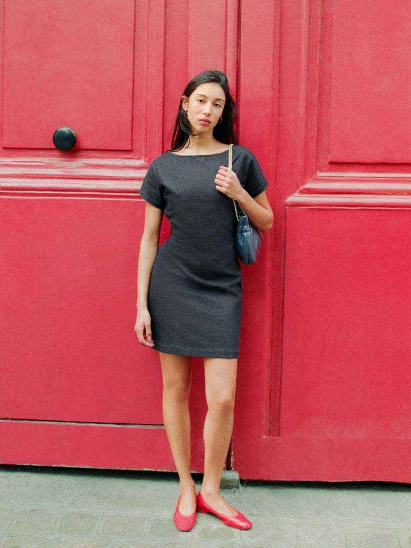 VALOU soft denim short dress with lace-up back, front view by Rouje