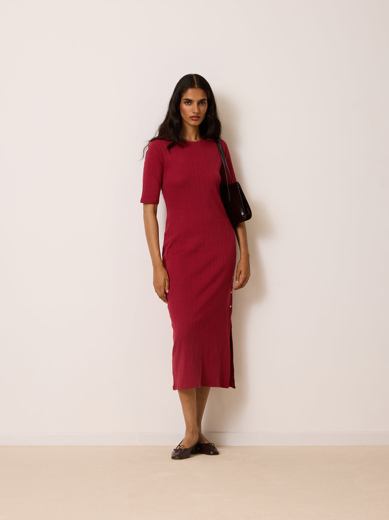VIVIANNA burgundy pointelle knit dress, detail of snap buttons on the side by Rouje