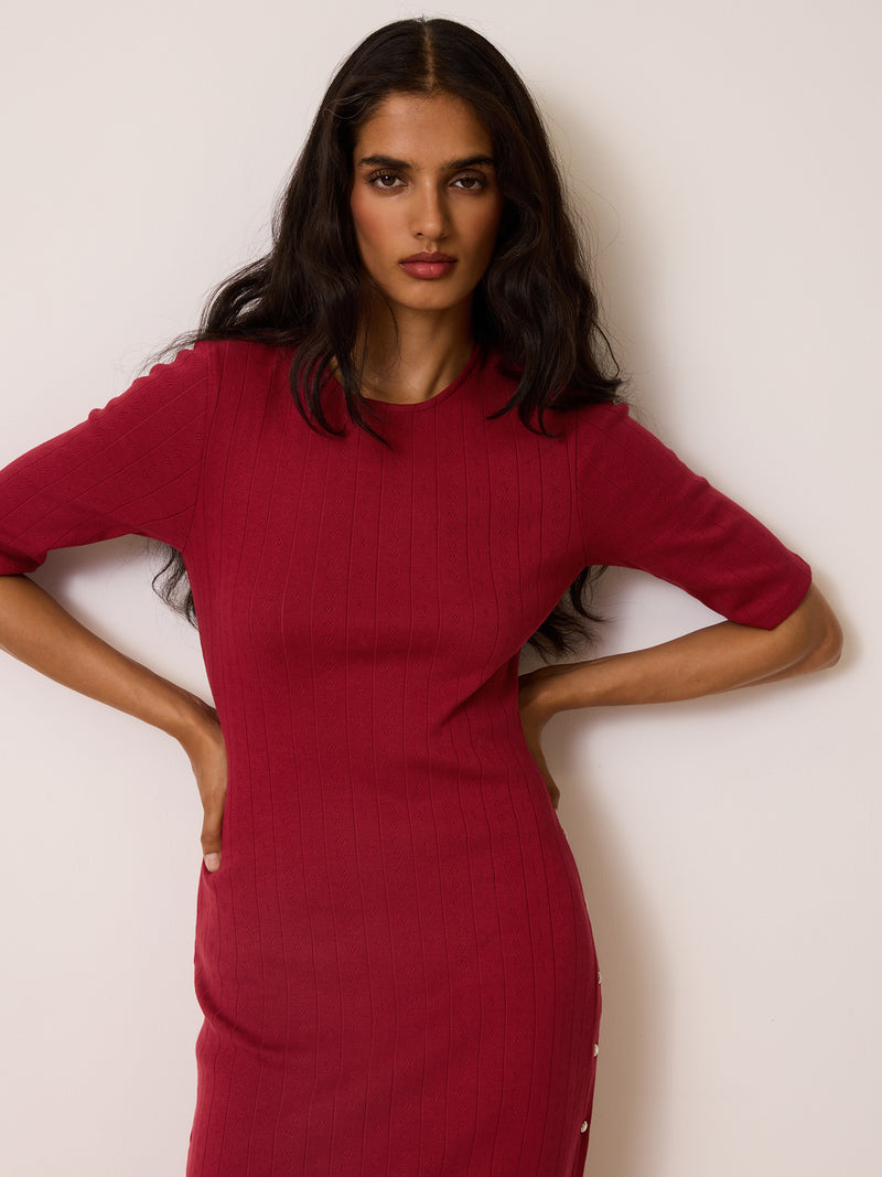 VIVIANNA burgundy pointelle knit dress, back view by Rouje