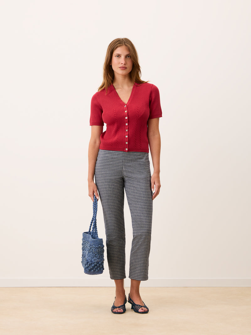 ALBINA poppy red short cardigan, detail of mother-of-pearl buttons by Rouje
