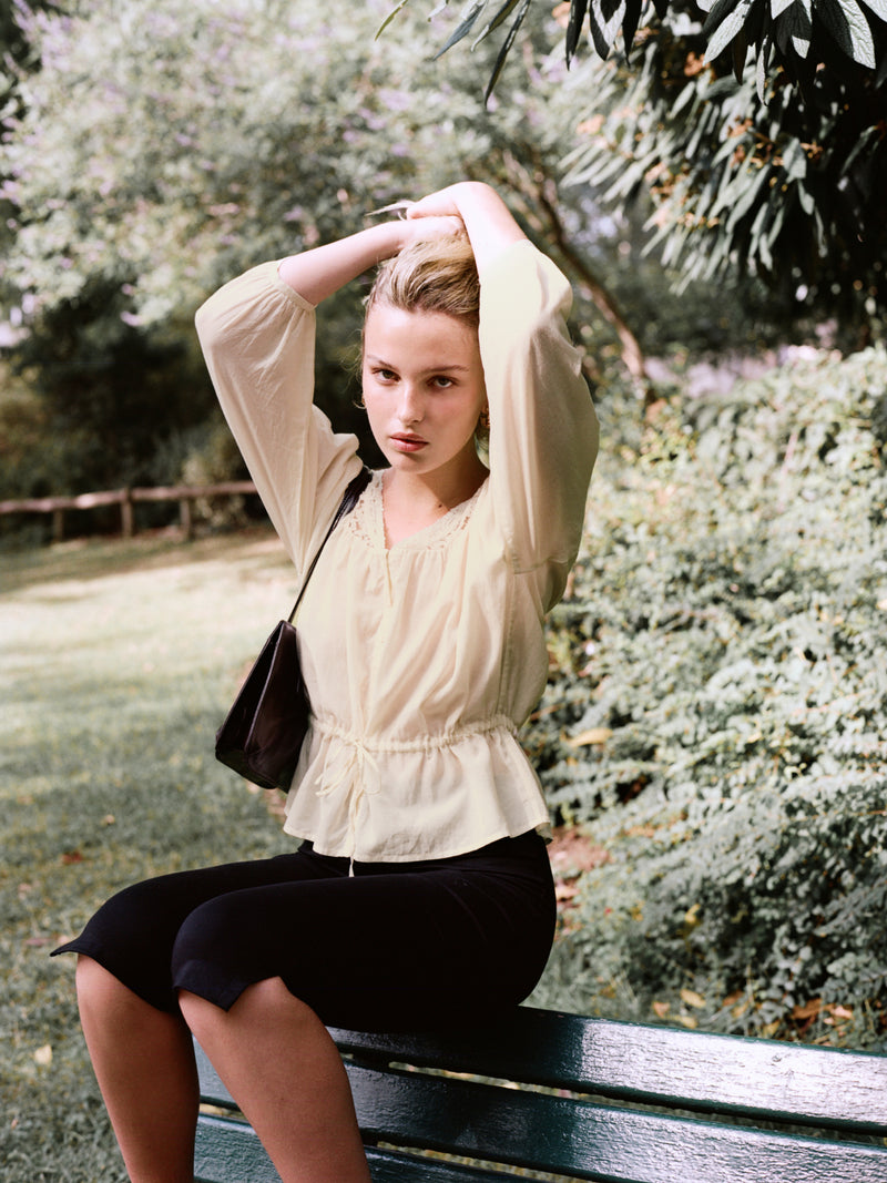 ABIGAEL ecru blouse, back view with lace-up detail by Rouje