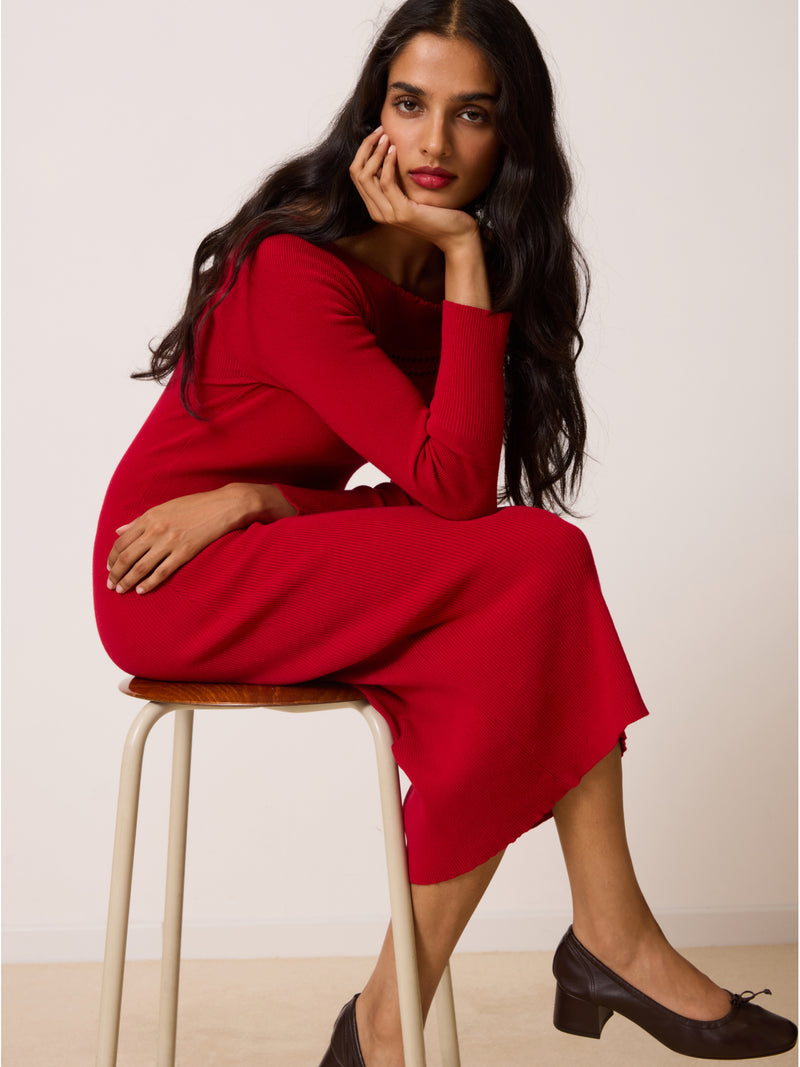 ANDINA red openwork knit dress, back view by Rouje