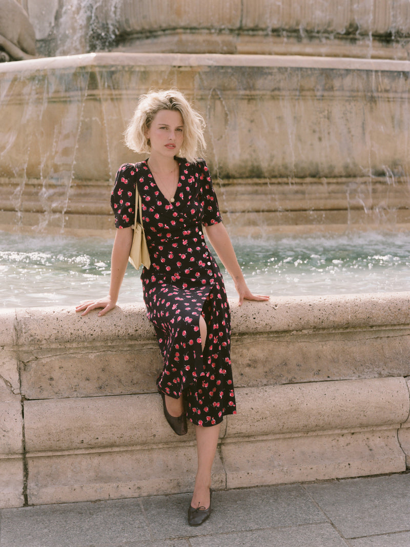 FILIPPA black cherry print long dress worn on a model by Rouje