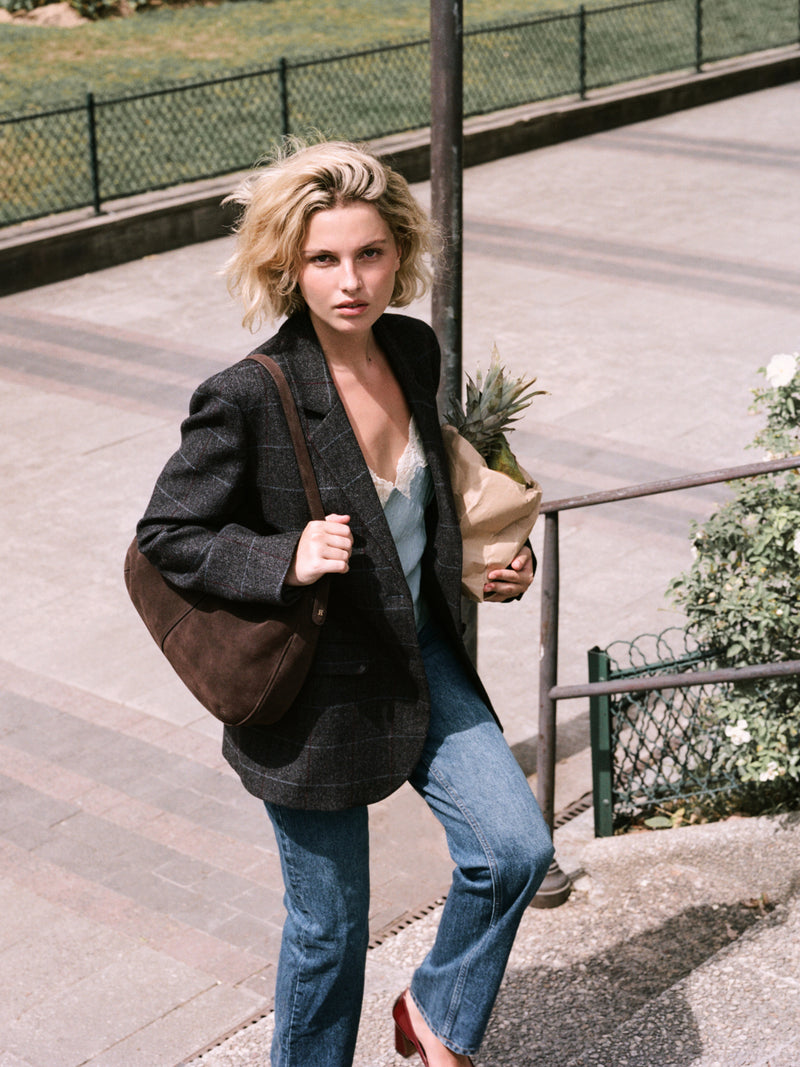 JACQUES grey herringbone check oversized tailored blazer, worn on a model by Rouje